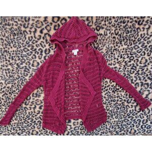 Lucky Brand Women's Linen Blend Burgundy Red Knit Hooded Cardigan Size M